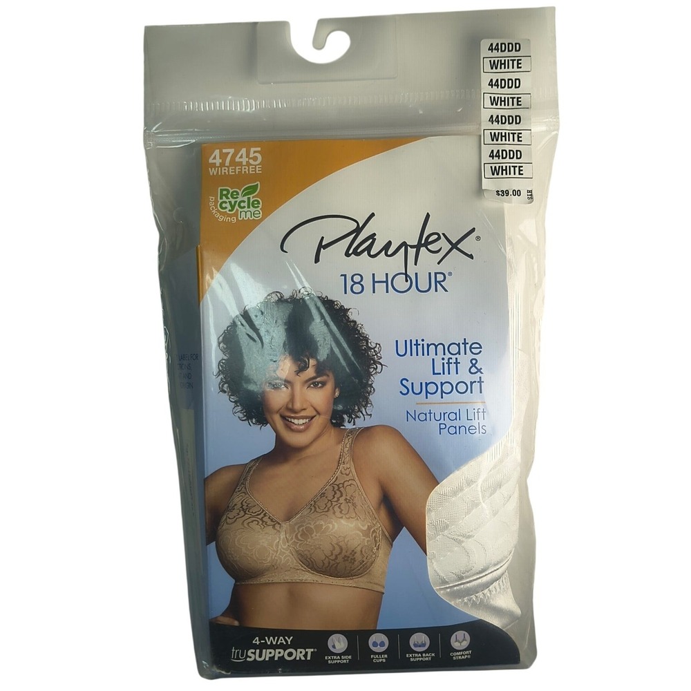 Playtex 18 Hour Ultimate Lift Support Bra 44DDD White Wirefree Tagless Comfort